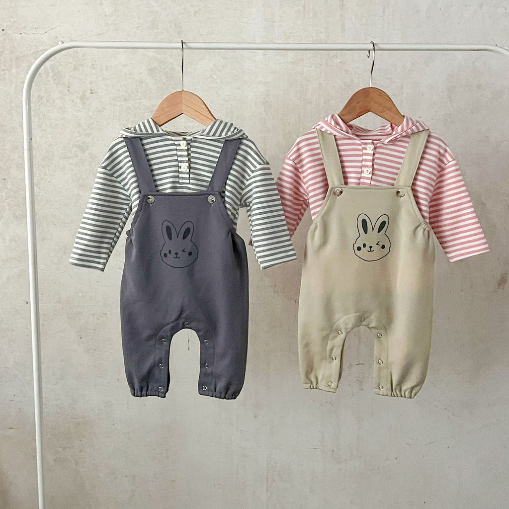 Spring Baby And Kids Unisex Striped Hoodie Top And Rabbit Cartoon Overalls Romper Clothing Set