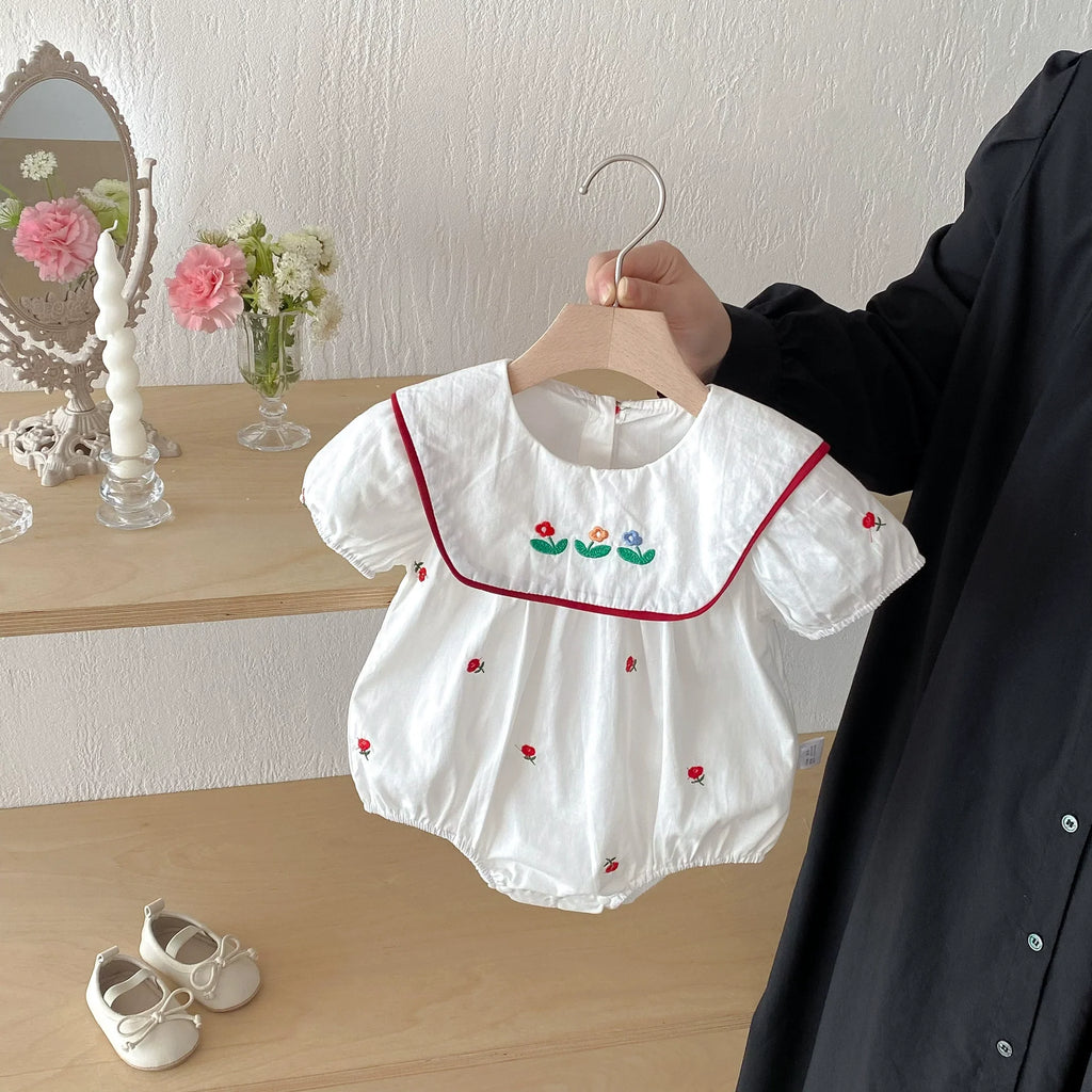 Summer Arrival Baby Girls Floral Pattern Embroidered Short Sleeves Onesies