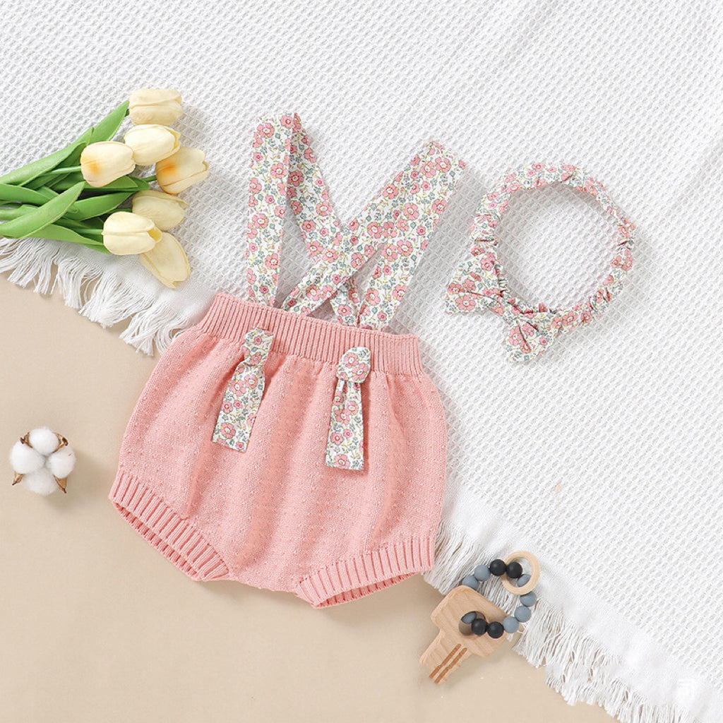 Baby Girl Ditsy Flower Sling Knitted Shorts Overalls With Headband
