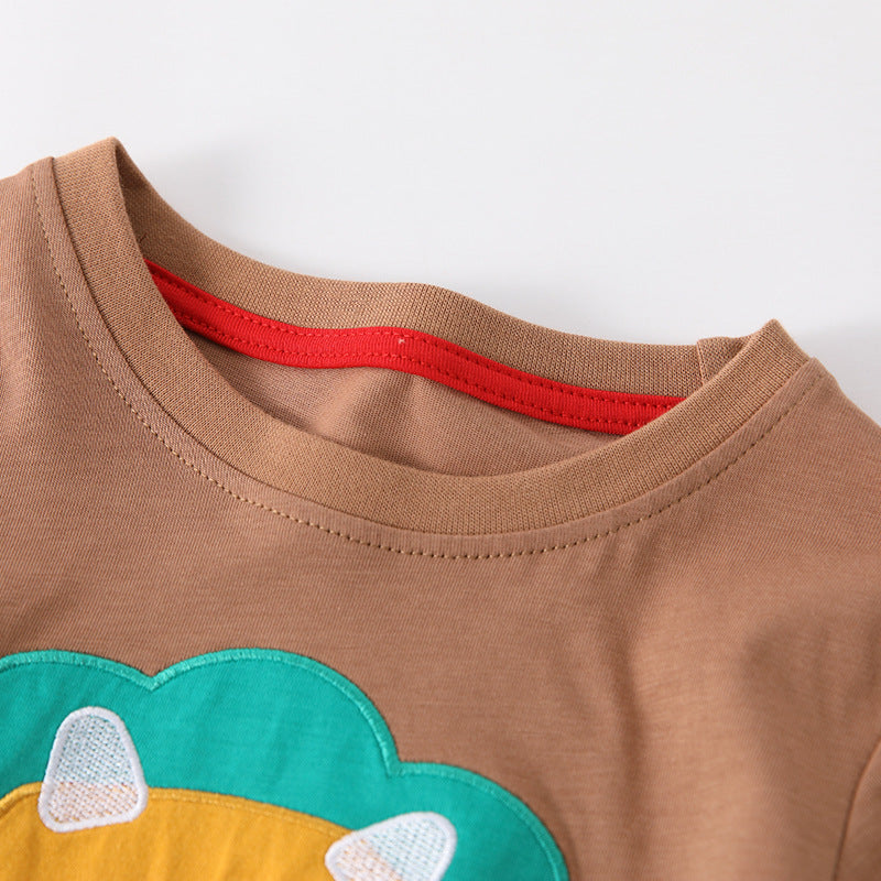 Spring and Autumn Boys Animals Cartoon Pattern Long Sleeves Top and Plaid Pants Clothing Set