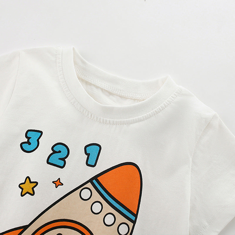 Summer Baby Kids Casual Animals Cartoon and Letters Pattern T-shirt and Shorts Clothing Set for Boys