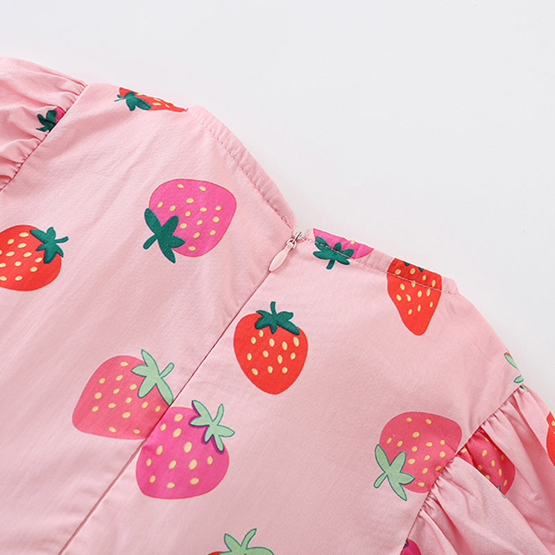 Summer Arrival Strawberry Pattern Short Sleeves Crew Neck Dress for Stylish Girls