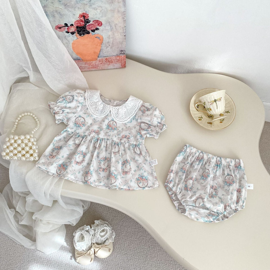 Summer Baby Kids Girls Floral Pattern Short Sleeves Dress and Bloomers Clothing Set