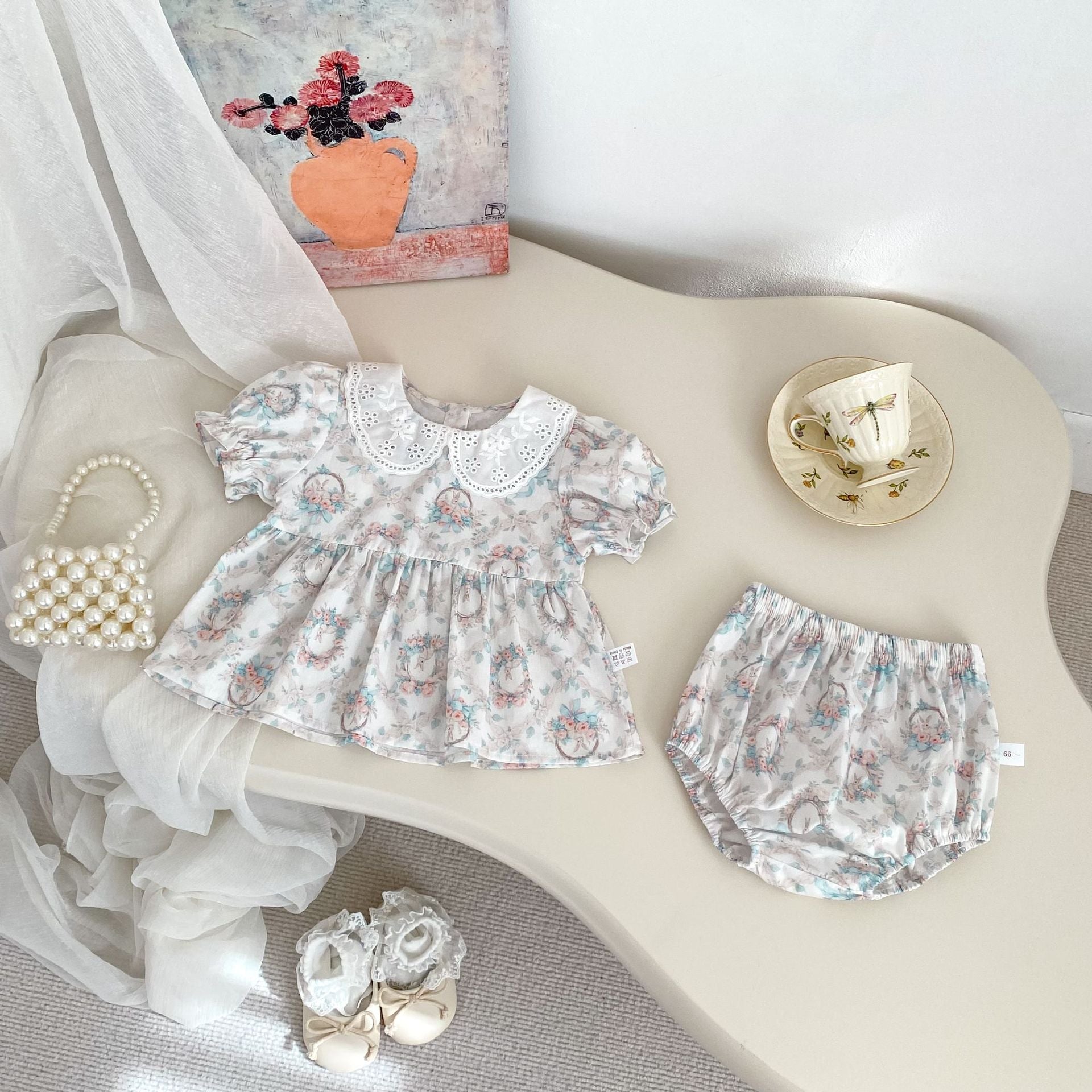 Summer Baby Kids Girls Floral Pattern Short Sleeves Dress and Bloomers Clothing Set