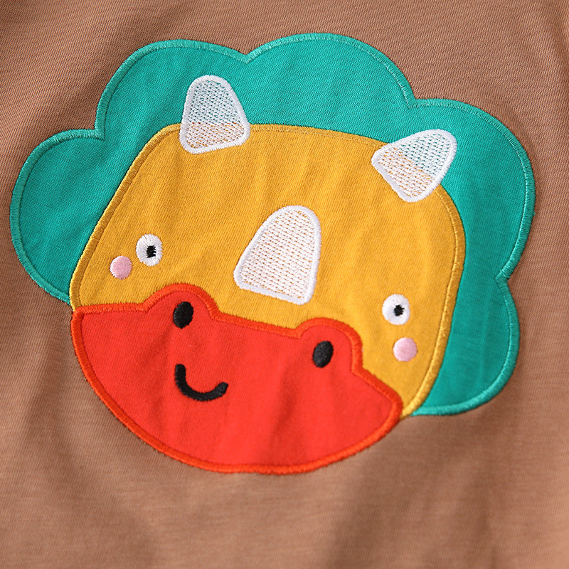 Spring and Autumn Boys Animals Cartoon Pattern Long Sleeves Top and Plaid Pants Clothing Set