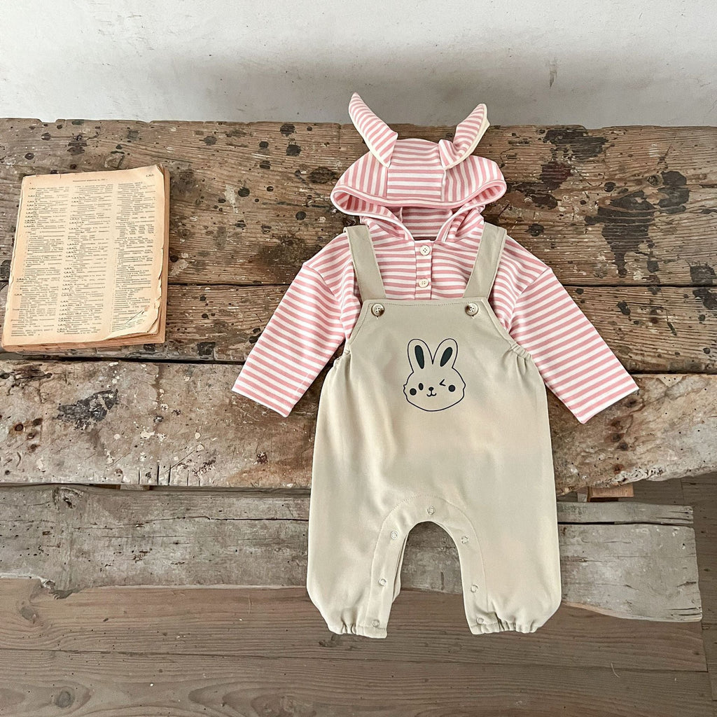 Spring Baby And Kids Unisex Striped Hoodie Top And Rabbit Cartoon Overalls Romper Clothing Set
