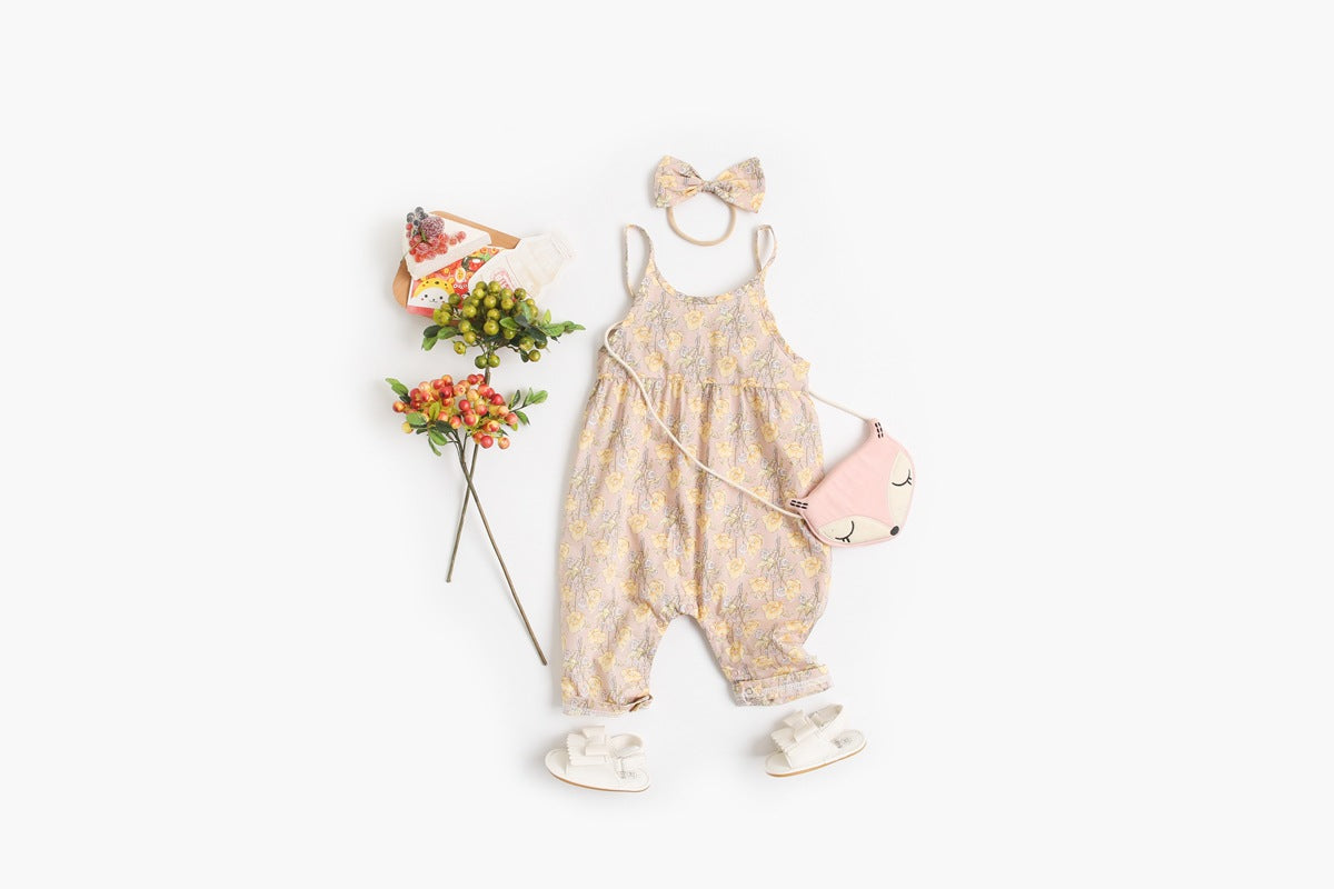 Baby Girl Floral Print Pattern Backless Design Sleeveless Rompers With Handband