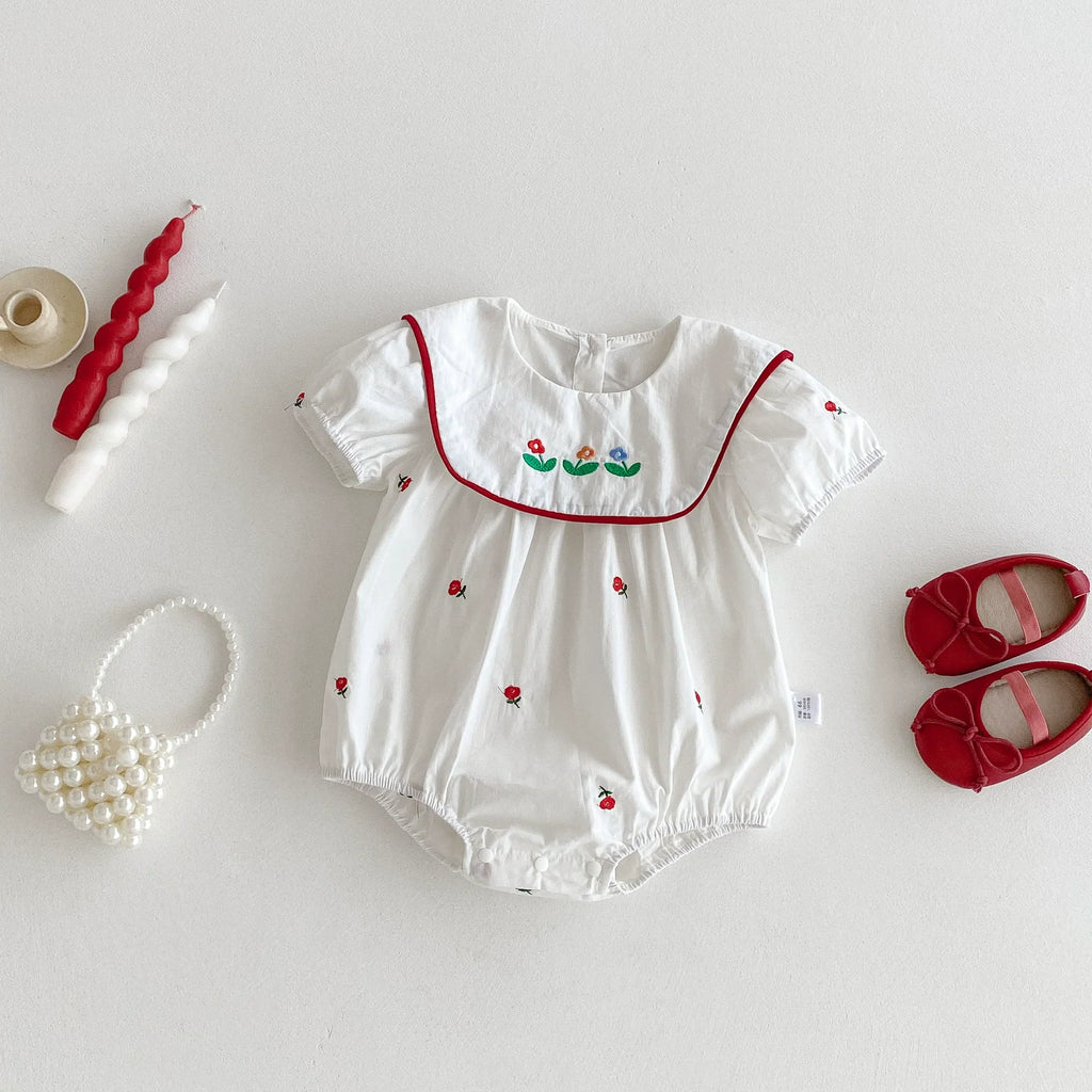 Summer Arrival Baby Girls Floral Pattern Embroidered Short Sleeves Onesies