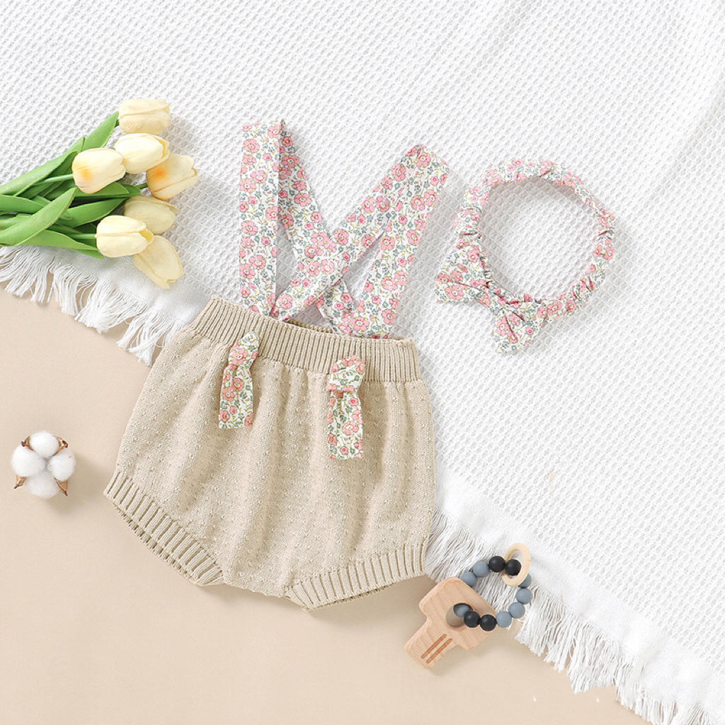 Baby Girl Ditsy Flower Sling Knitted Shorts Overalls With Headband