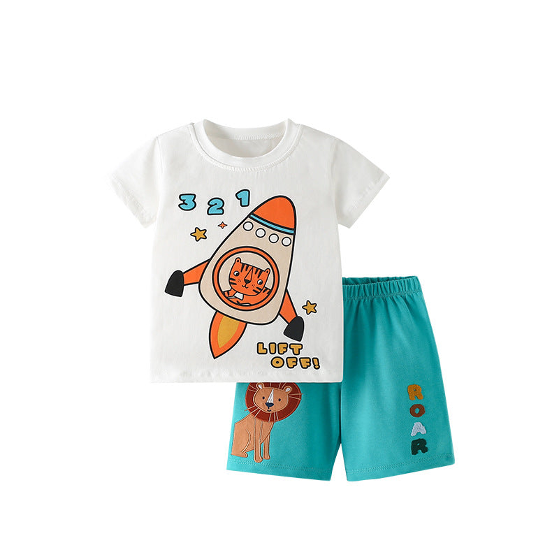 Summer Baby Kids Casual Animals Cartoon and Letters Pattern T-shirt and Shorts Clothing Set for Boys