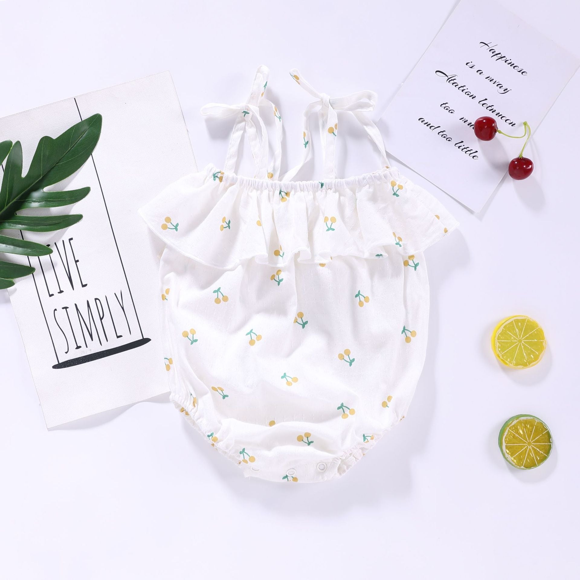 Baby Girl Floral Print Ruffle Design Sling Onesies In Summer