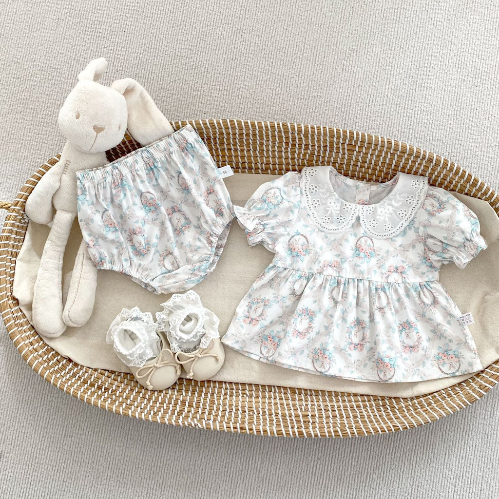 Summer Baby Kids Girls Floral Pattern Short Sleeves Dress and Bloomers Clothing Set