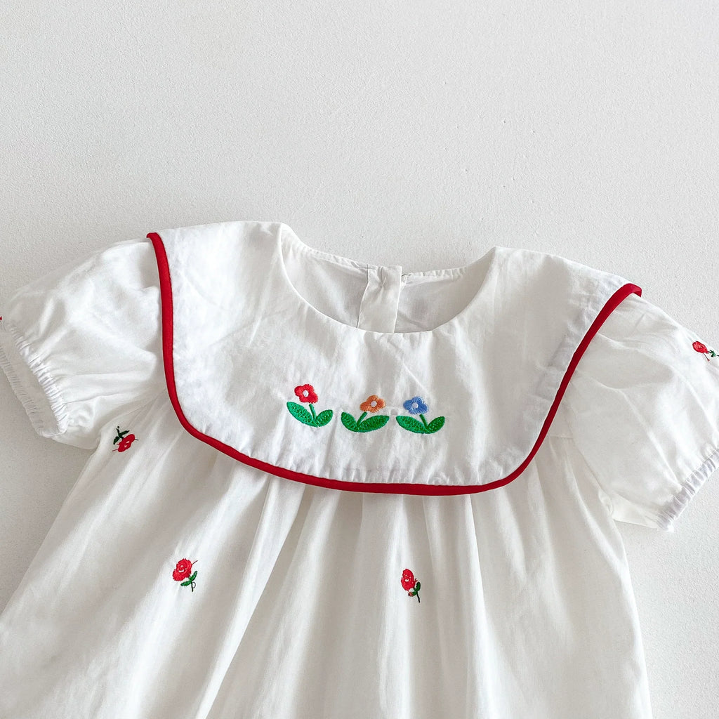 Summer Arrival Baby Girls Floral Pattern Embroidered Short Sleeves Onesies