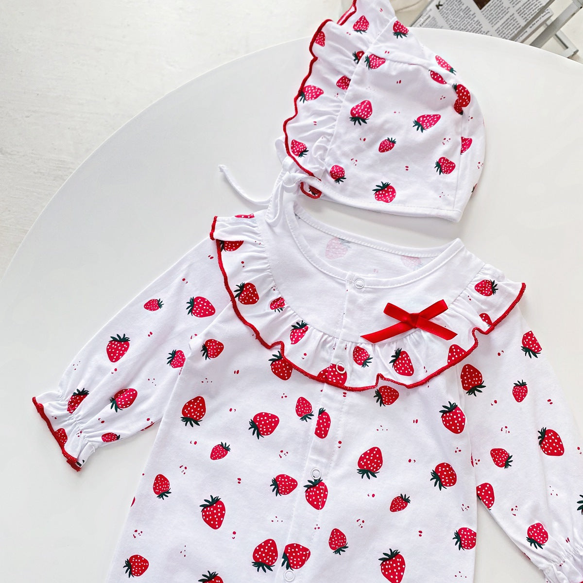 Baby Girl Allover Strawberries Pattern Ruffle Design Button Front Romper