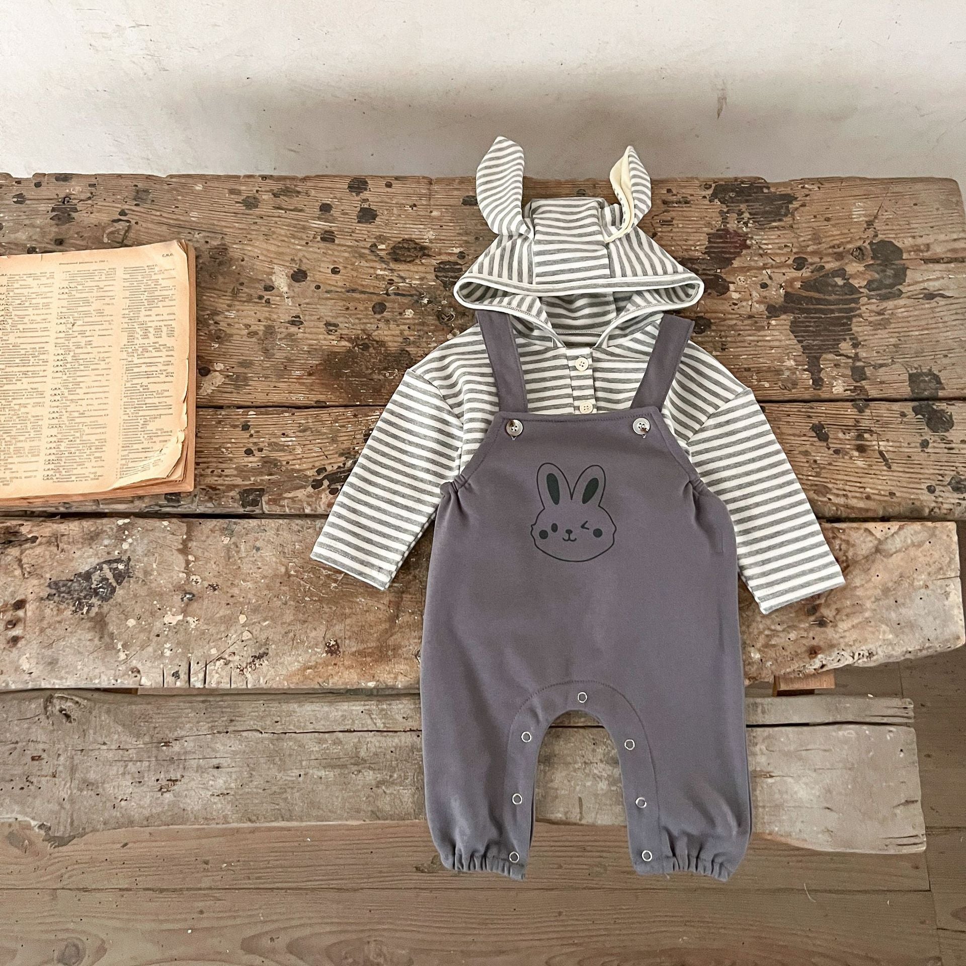 Spring Baby And Kids Unisex Striped Hoodie Top And Rabbit Cartoon Overalls Romper Clothing Set