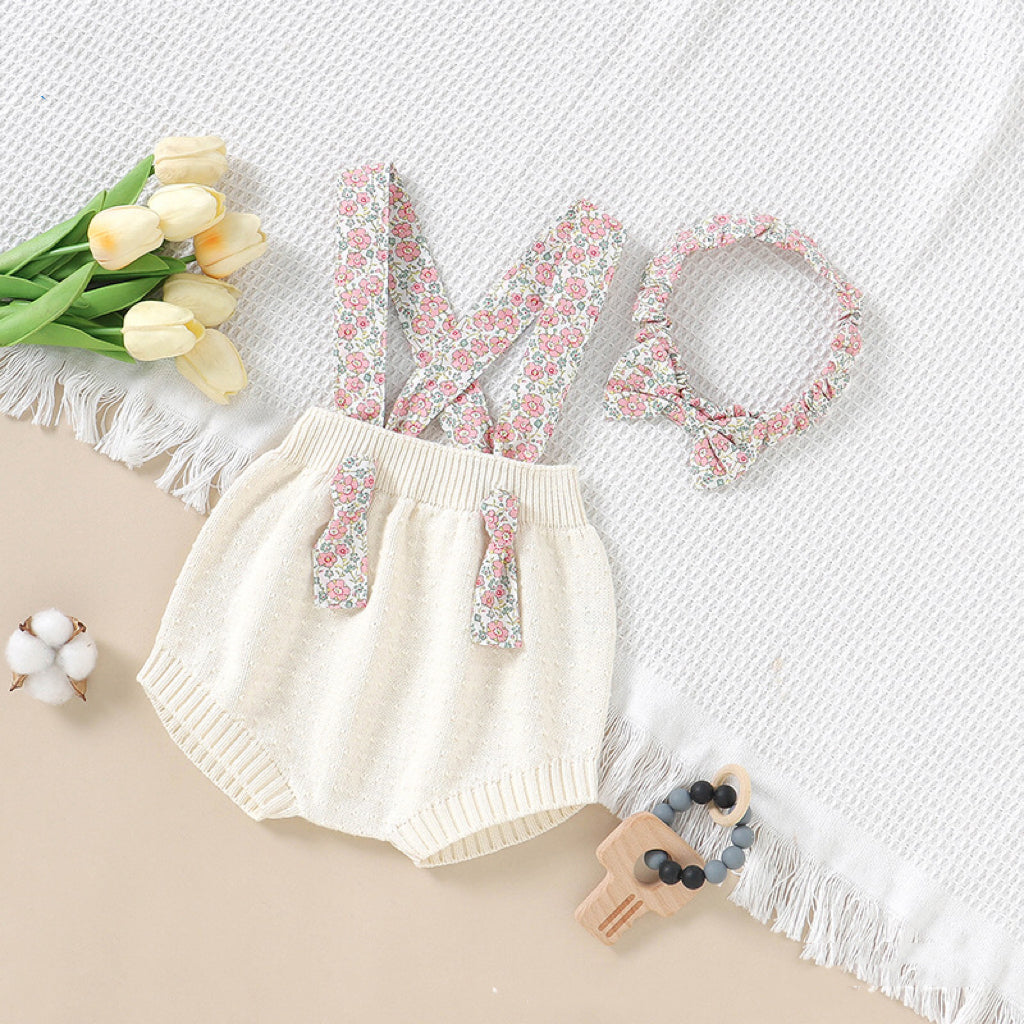 Baby Girl Ditsy Flower Sling Knitted Shorts Overalls With Headband
