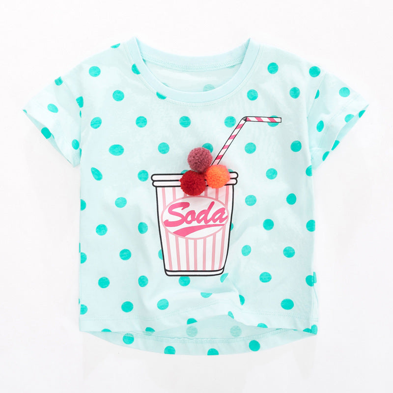 Girls’ Polka Dots Soda Print T-Shirt In European And American Style For Summer