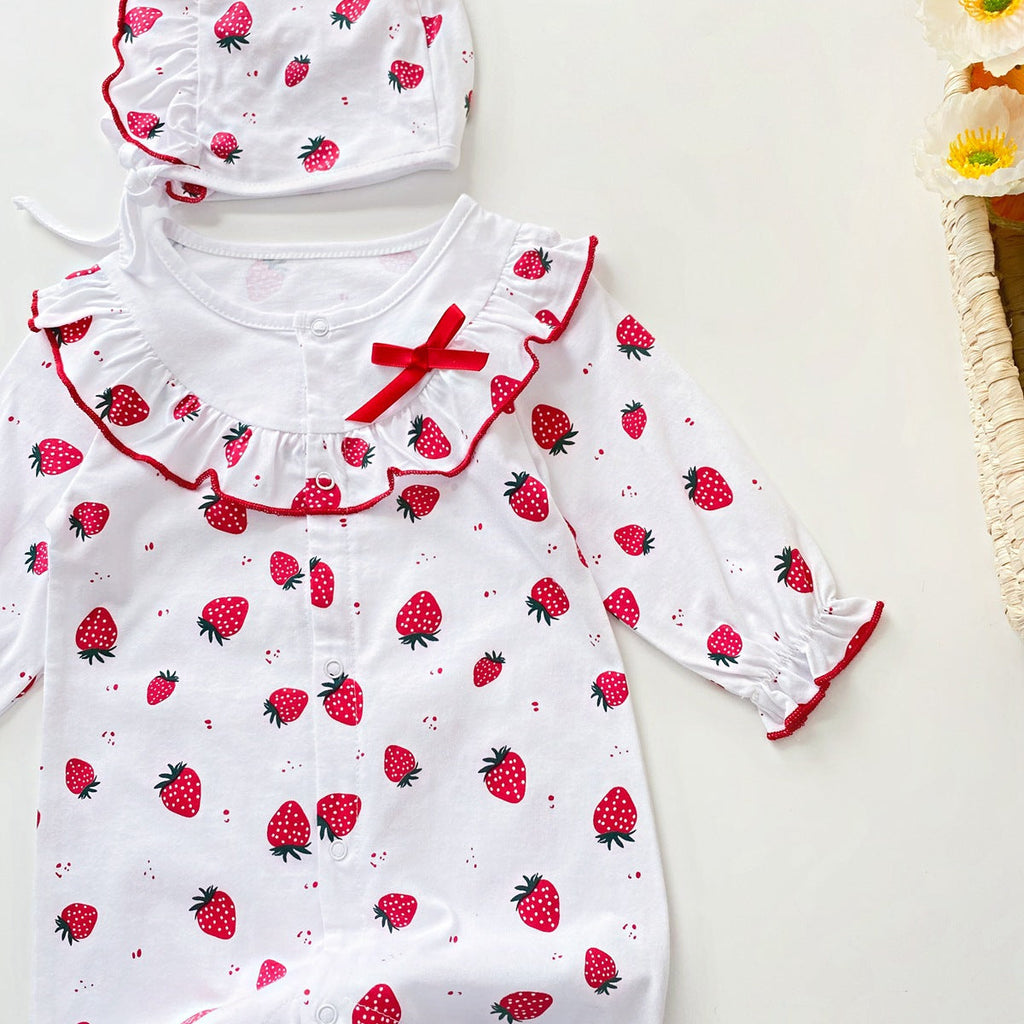 Baby Girl Allover Strawberries Pattern Ruffle Design Button Front Romper