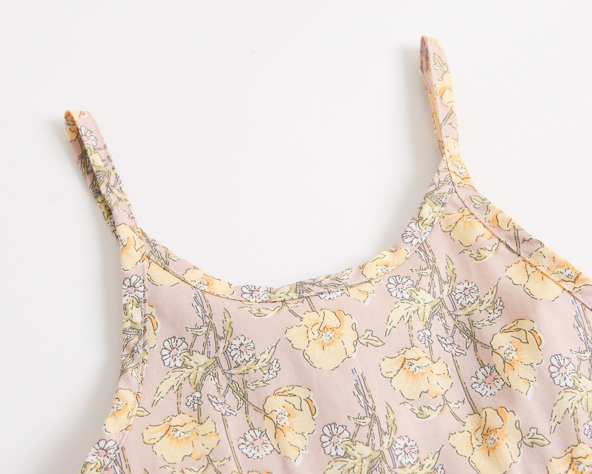 Baby Girl Floral Print Pattern Backless Design Sleeveless Rompers With Handband