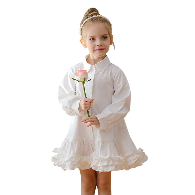 Spring and Autumn Solid Color Single Breasted Long-sleeved Dress for Stylish Girls