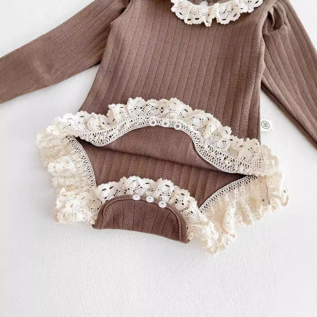 Autumn Arrival Baby Girls Long Sleeves Striped Pattern Hollow-out Collar Onesies