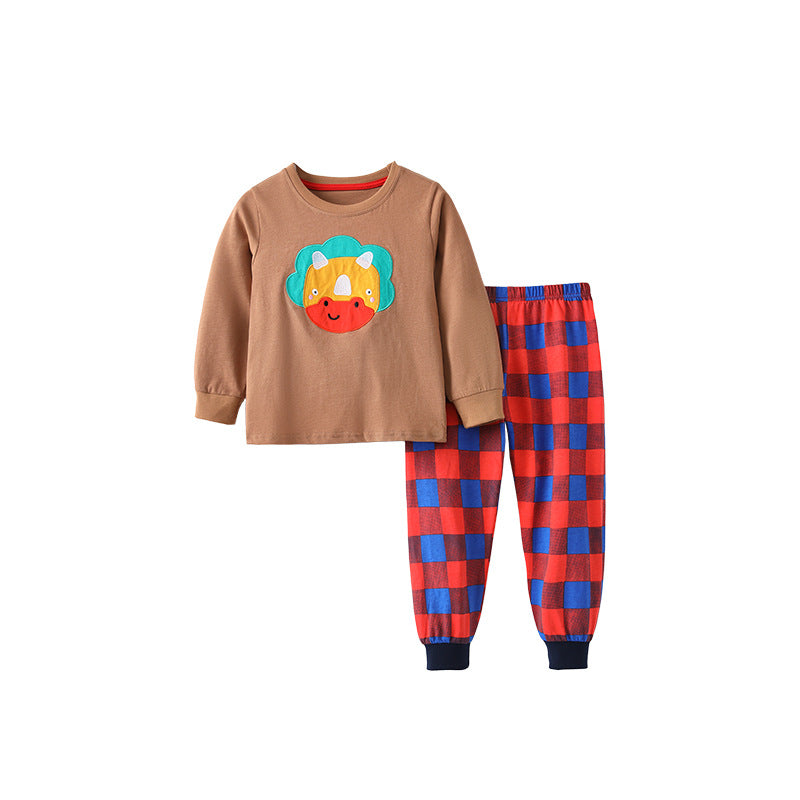 Spring and Autumn Boys Animals Cartoon Pattern Long Sleeves Top and Plaid Pants Clothing Set