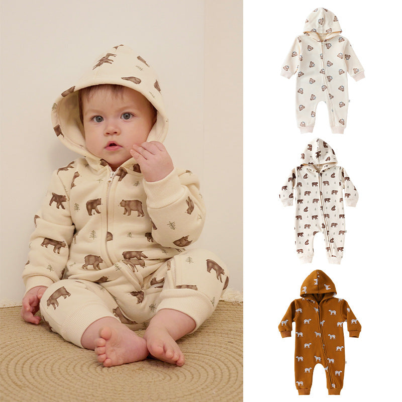 Autumn Arrival Baby Unisex Long Sleeves Animals Cartoon Pattern Hooded Rompers
