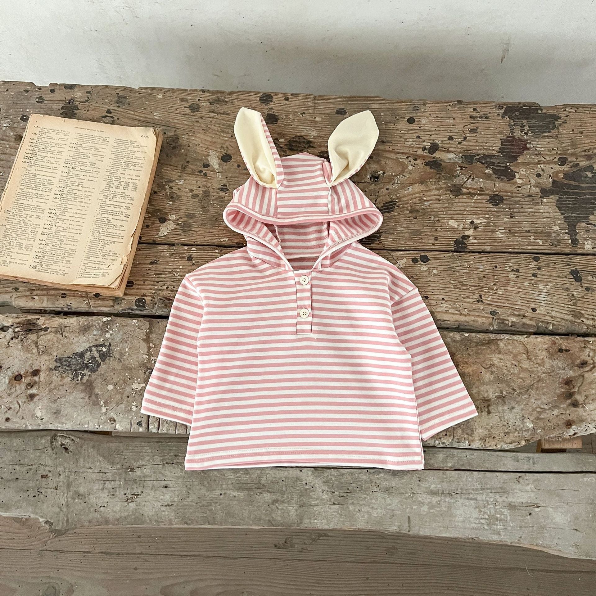 Spring Baby And Kids Unisex Striped Hoodie Top And Rabbit Cartoon Overalls Romper Clothing Set