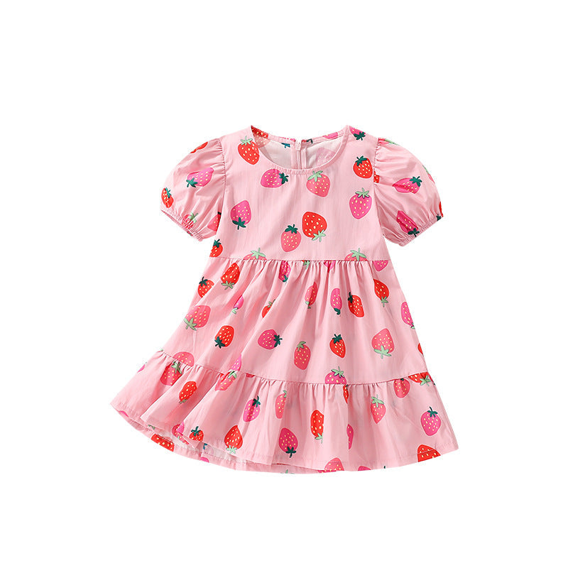 Summer Arrival Strawberry Pattern Short Sleeves Crew Neck Dress for Stylish Girls