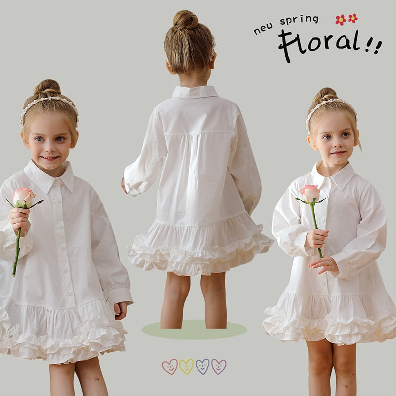 Spring and Autumn Solid Color Single Breasted Long-sleeved Dress for Stylish Girls