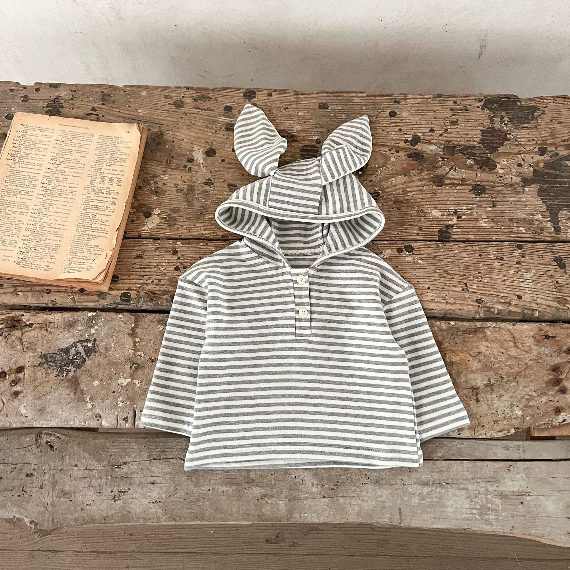 Spring Baby And Kids Unisex Striped Hoodie Top And Rabbit Cartoon Overalls Romper Clothing Set