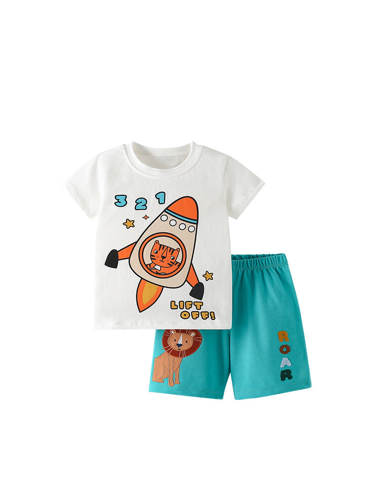 Summer Baby Kids Casual Animals Cartoon and Letters Pattern T-shirt and Shorts Clothing Set for Boys