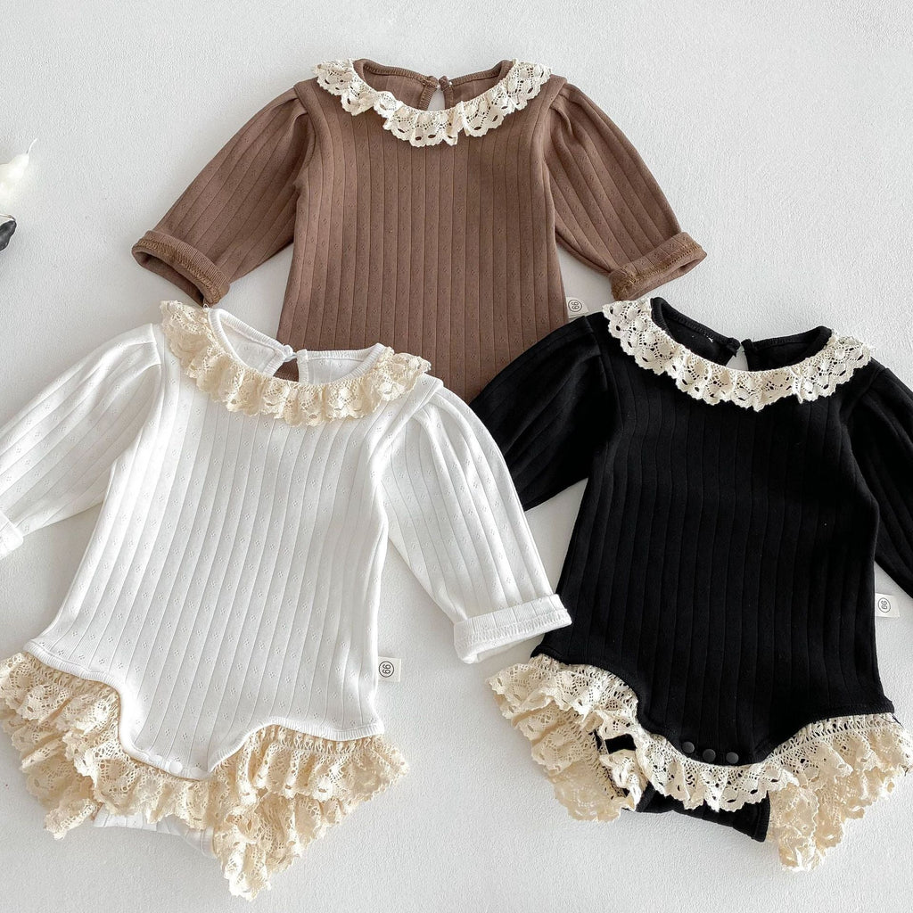 Autumn Arrival Baby Girls Long Sleeves Striped Pattern Hollow-out Collar Onesies