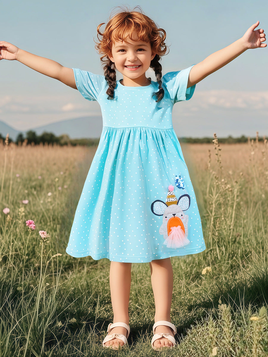 Summer Arrival Animals Cartoon Pattern Short Sleeves Dress for Stylish Girls