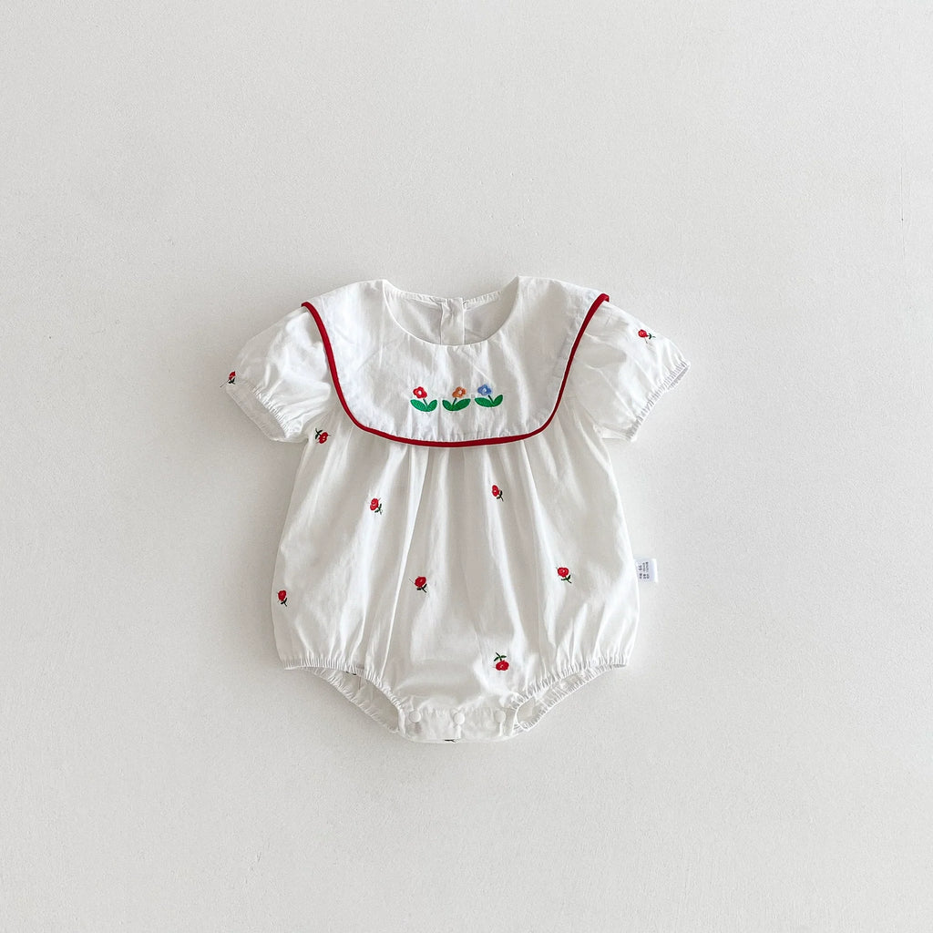 Summer Arrival Baby Girls Floral Pattern Embroidered Short Sleeves Onesies