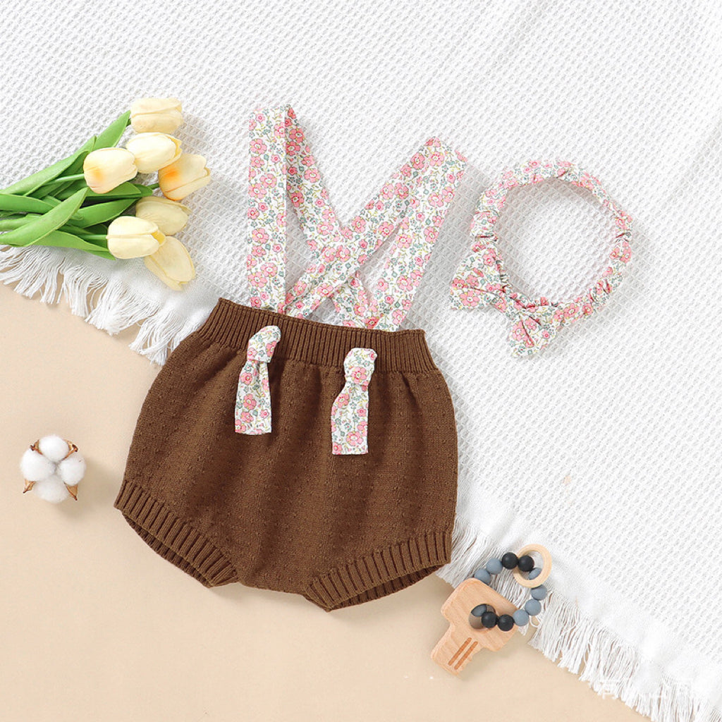 Baby Girl Ditsy Flower Sling Knitted Shorts Overalls With Headband